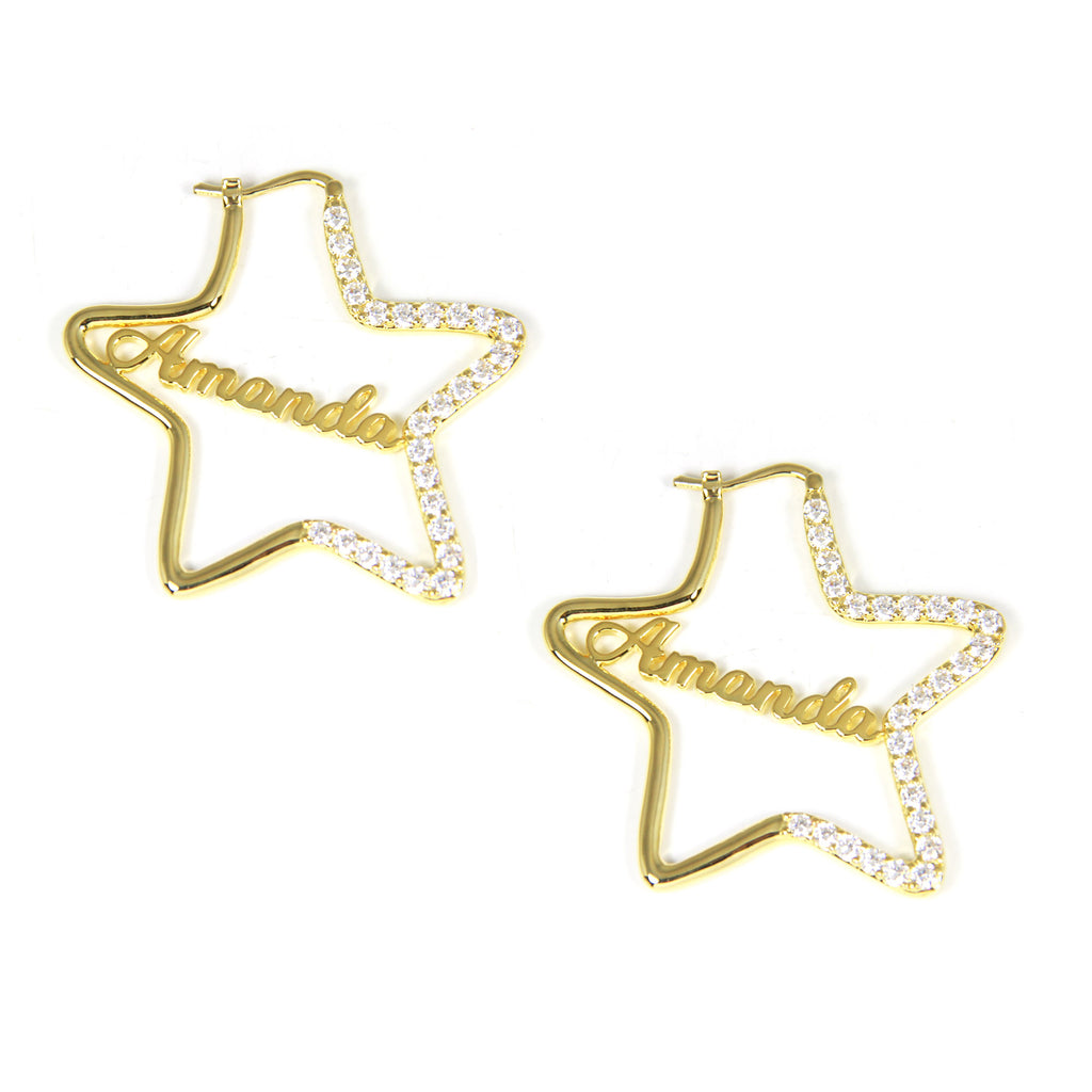 Star Hoop Name Plate Earrings Dangle Diamond